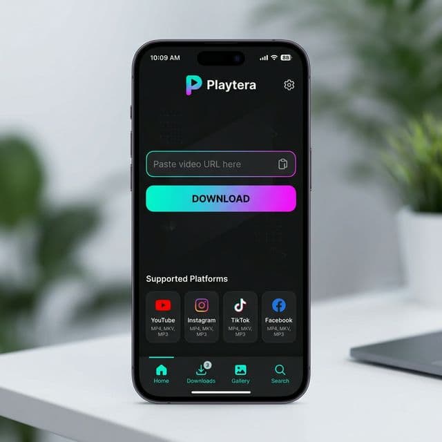 Playtera logo in home interface of Playtera Downloader App